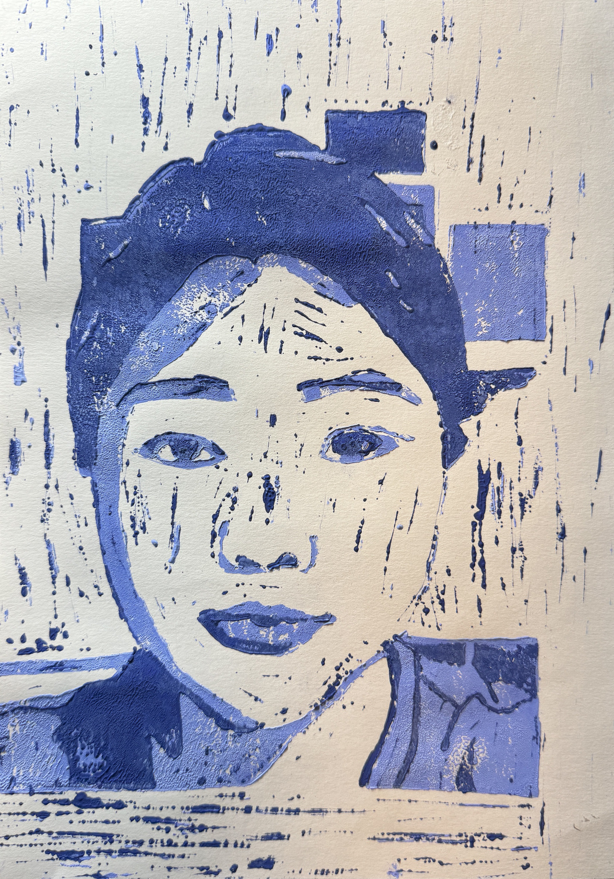 A blue monochrome portrait painting