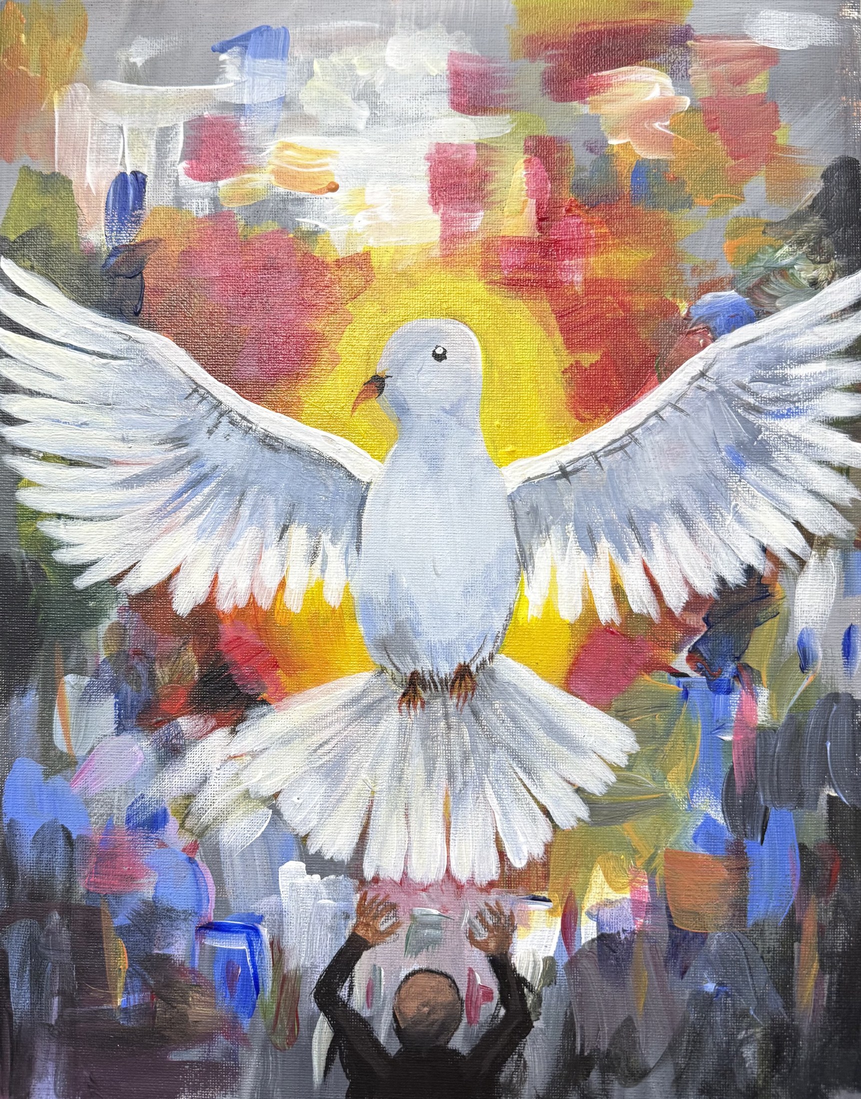 A colorful painting of a white dove in flight