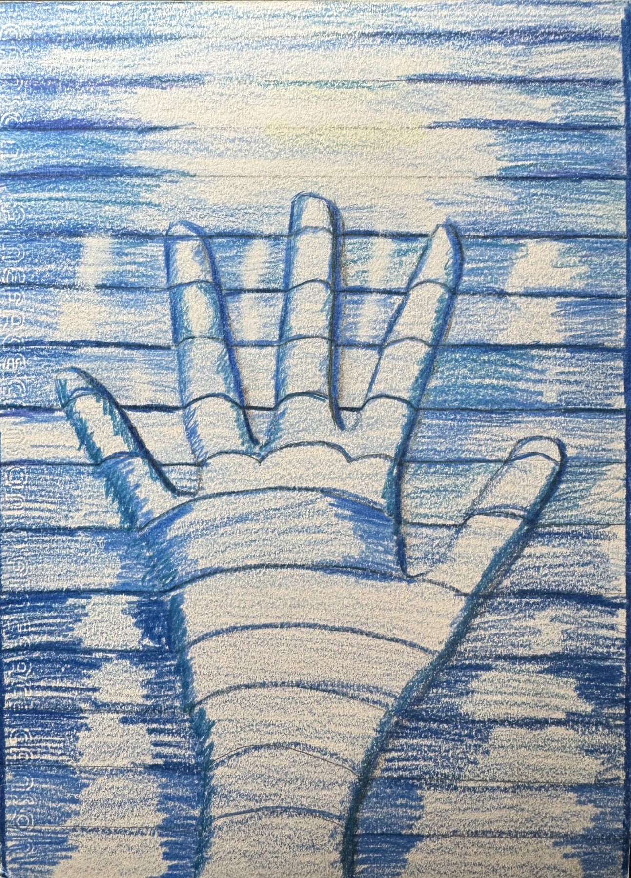 Blue pencil drawing of an outstretched hand