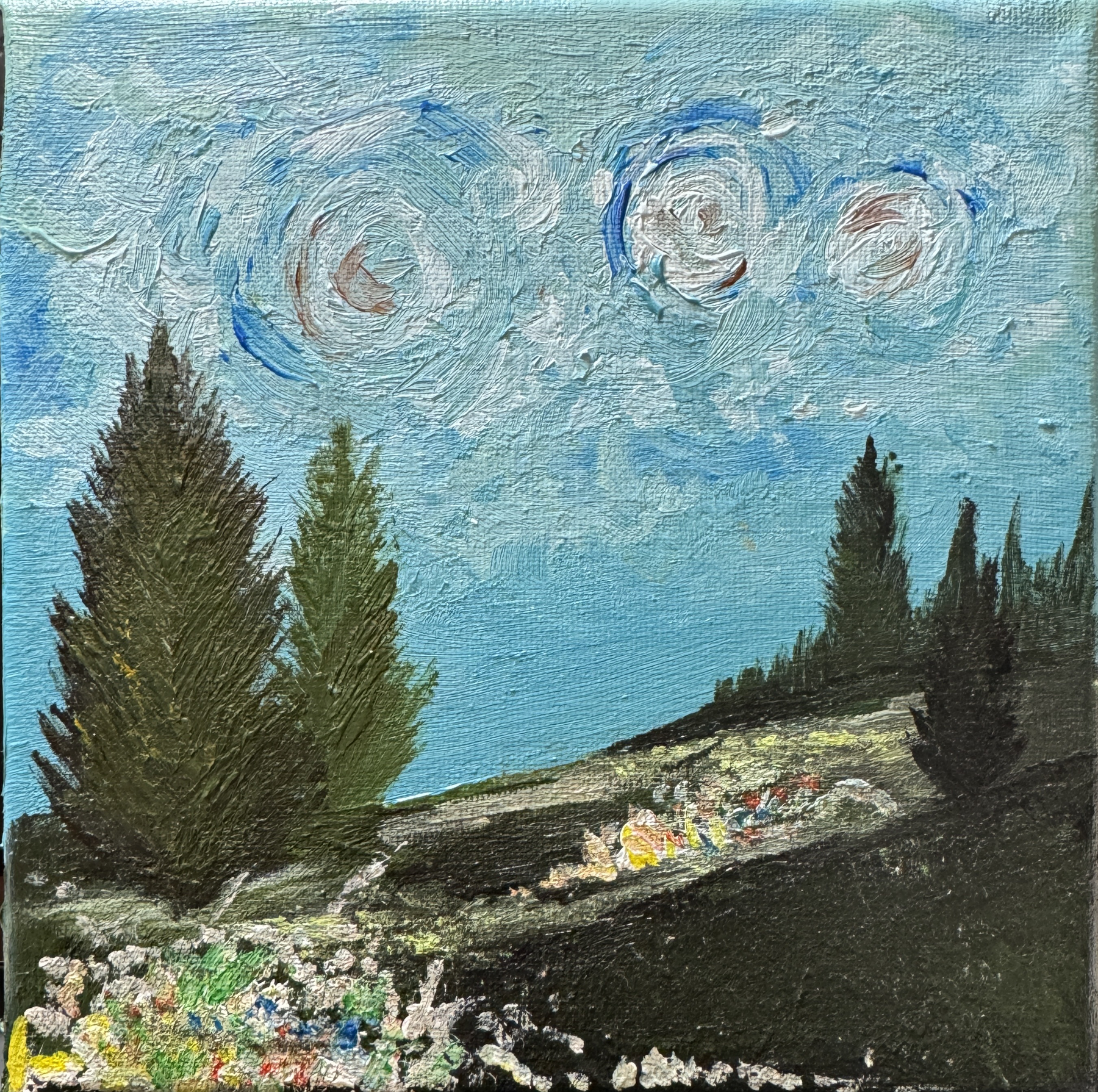 A blue landscape painting with trees and a swirling sky