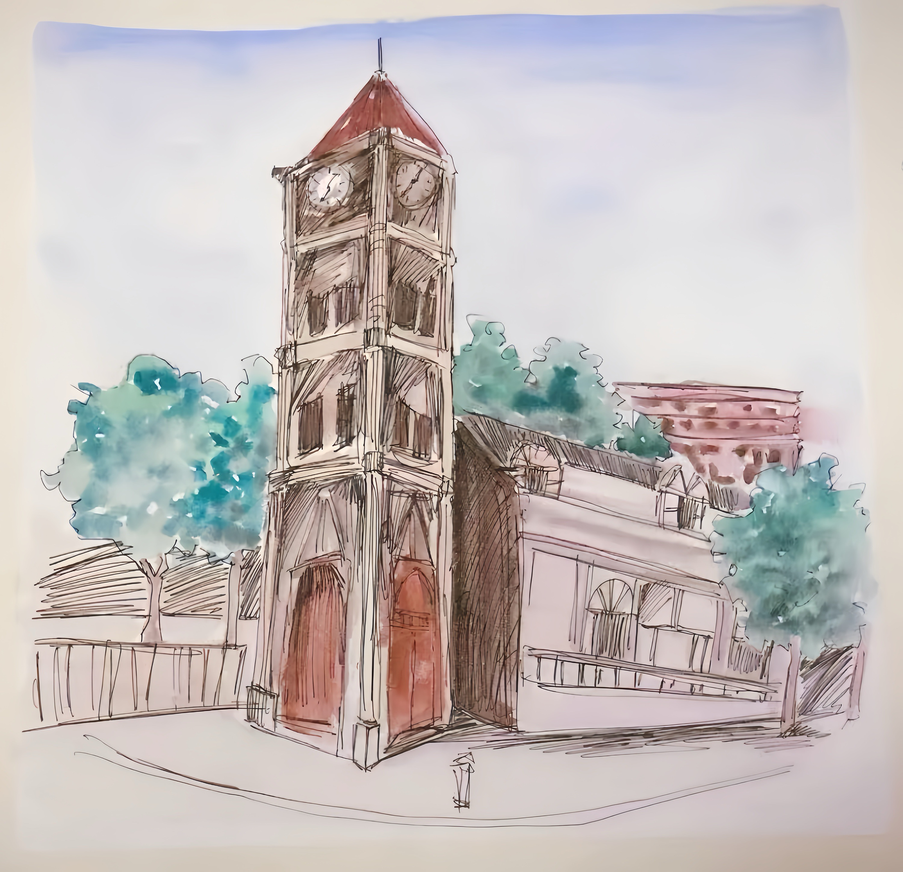 Watercolor and ink drawing of a clock tower
