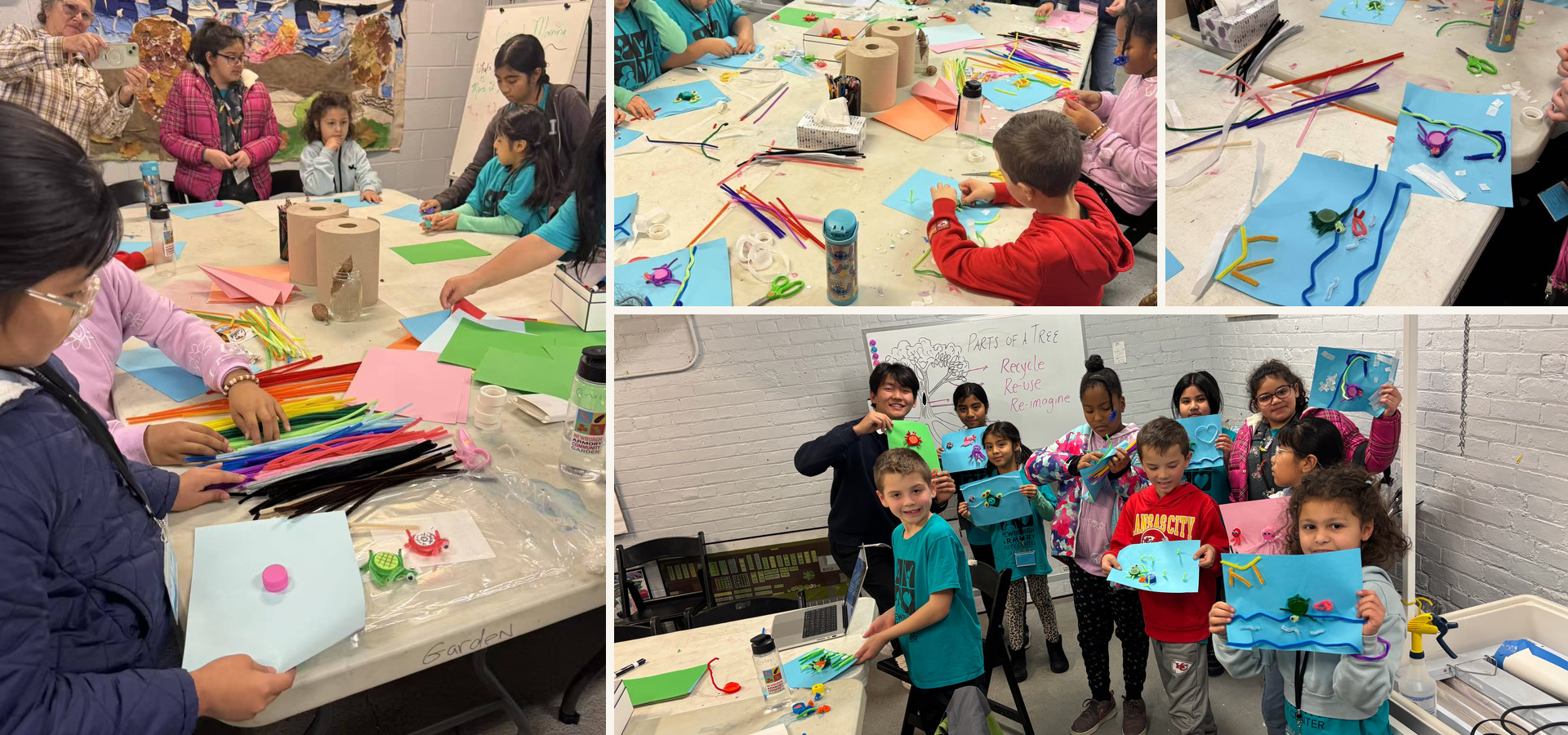 Children creating bottle-cap ocean animals and presenting their artwork