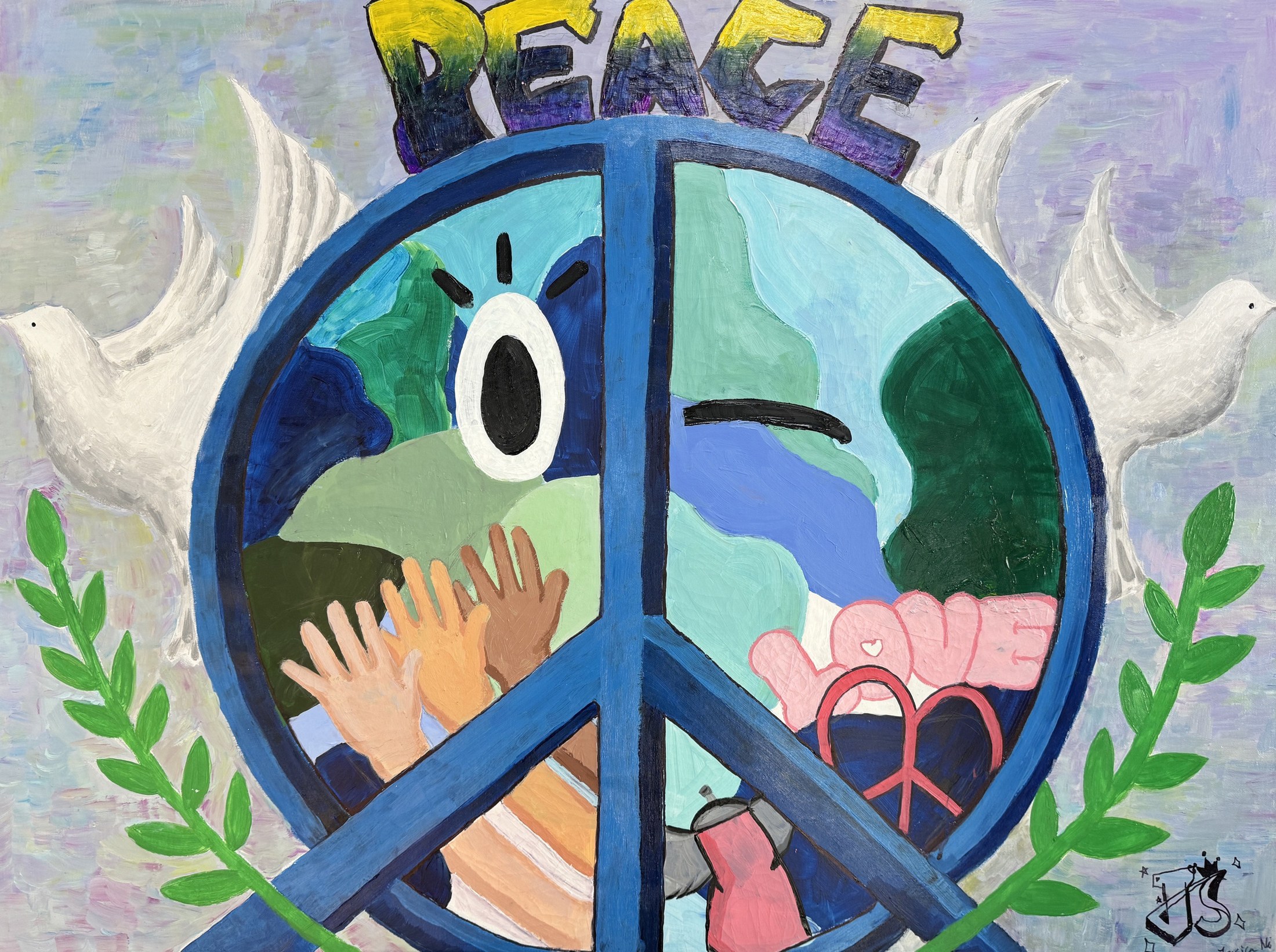 Colorful PEACE painting with a large peace symbol