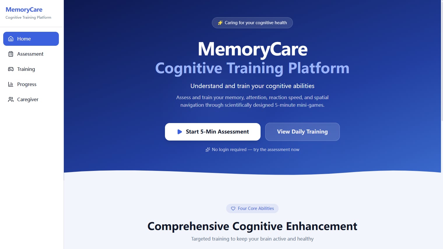 MemoryCare cognitive training platform homepage