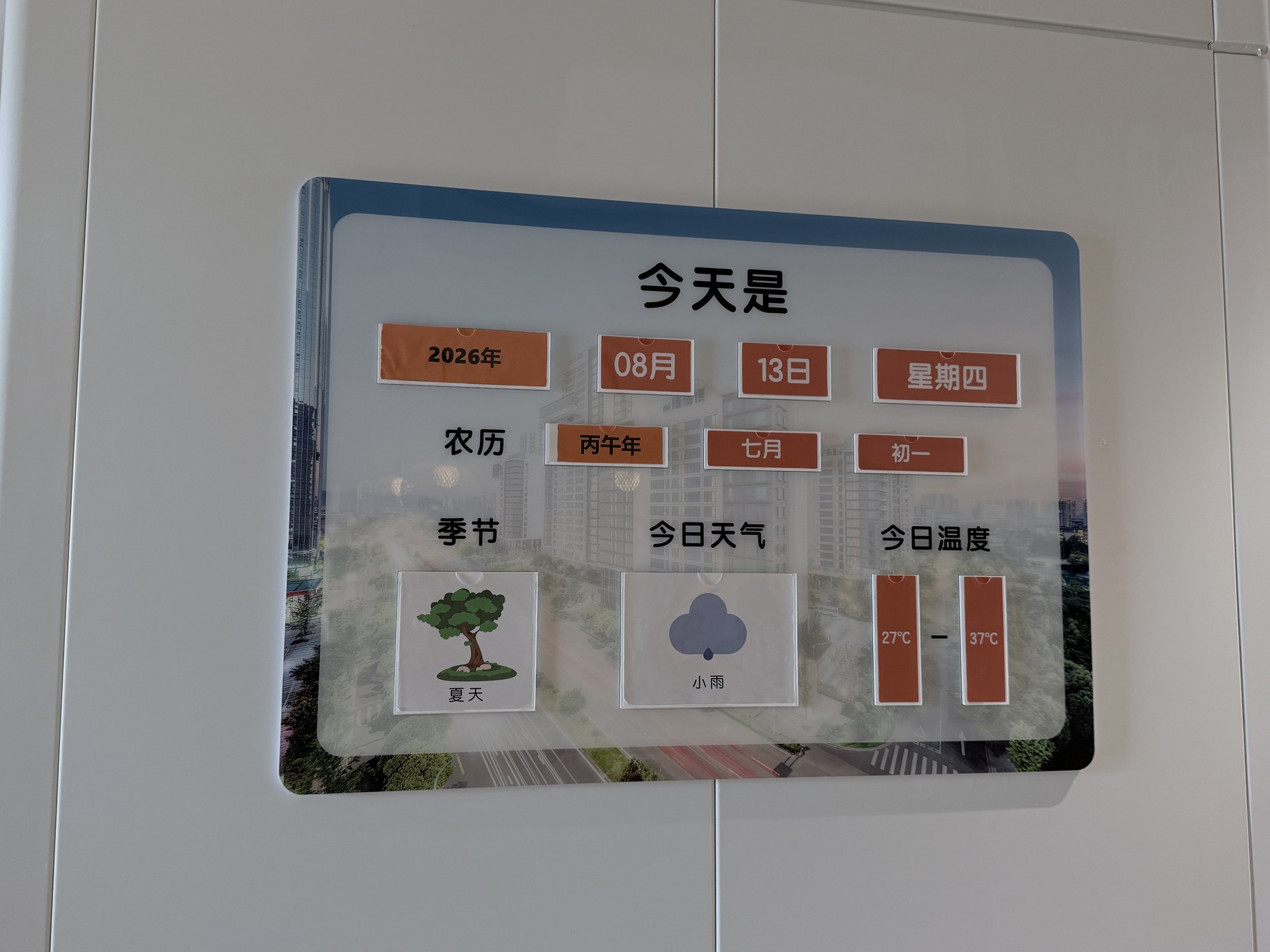 A date, weather, and seasonal information board in the care environment
