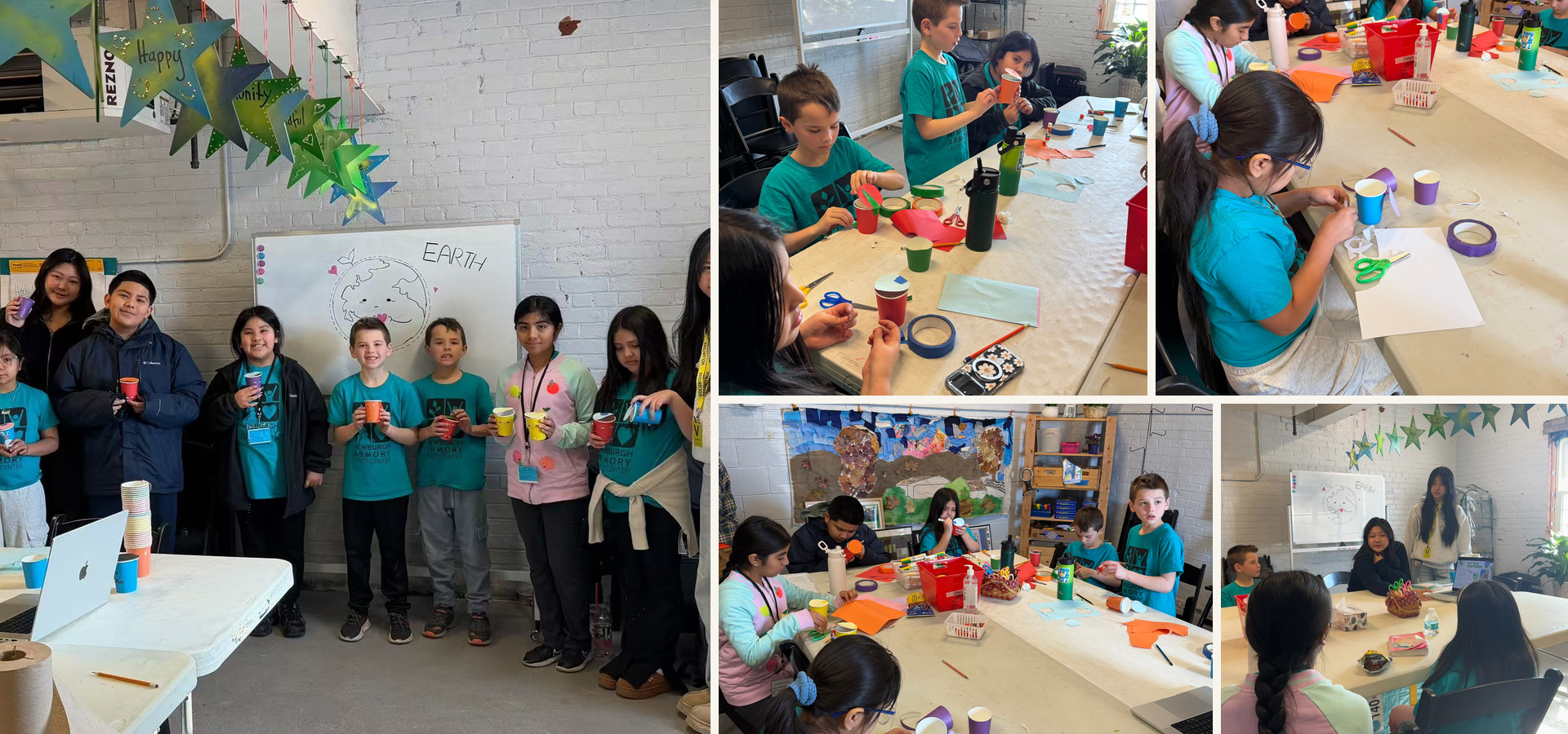 Children turning reusable cups and craft materials into colorful objects